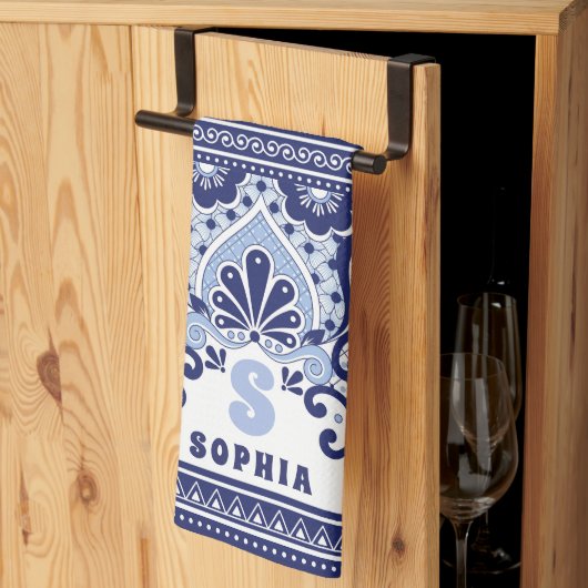 Monogram Blue en White Mexican Talavera Tegel Theedoek (Derde Gevouwen)