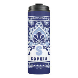 Monogram Blue en White Mexican Talavera Tegel Thermosbeker