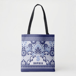 Monogram Blue en White Mexican Talavera Tegel Tote Bag