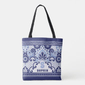 Monogram Blue en White Mexican Talavera Tegel Tote Bag (Achterkant)