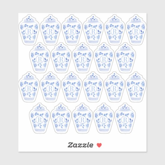 Monogram Blue en Witte Gemberpot Sticker (Vel)