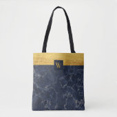 Monogram Blue Faux Marble & Gold Textern Pattern Tote Bag (Voorkant)