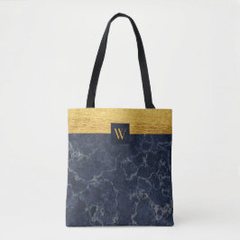 Monogram Blue Faux Marble & Gold Textern Pattern Tote Bag