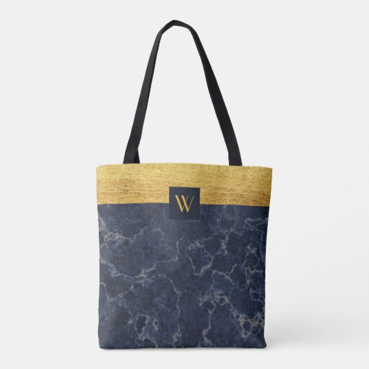 Monogram Blue Faux Marble & Gold Textern Pattern Tote Bag (Achterkant)