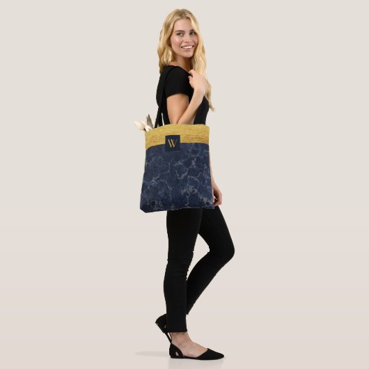Monogram Blue Faux Marble & Gold Textern Pattern Tote Bag (Op model)