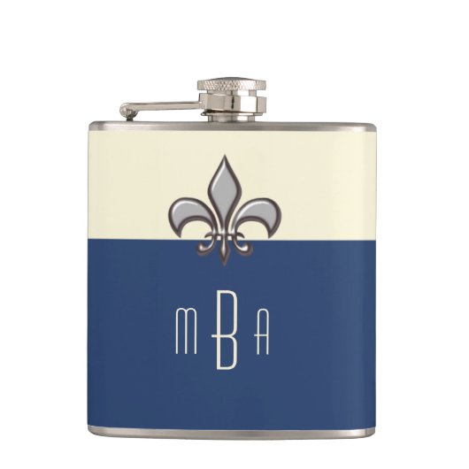 Monogram Blue Faux Metal Fleur de Lis Heupfles (Voorkant)
