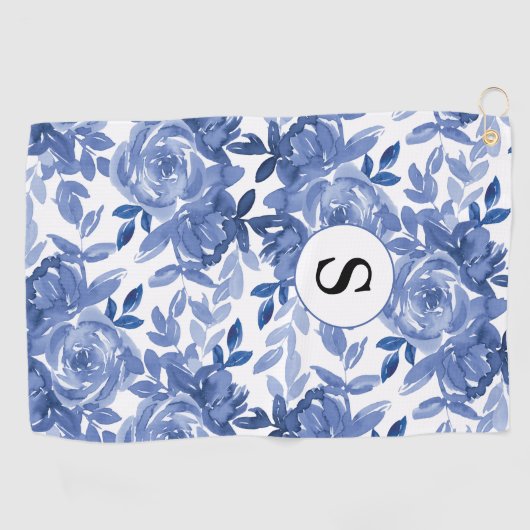 Monogram Blue Floral Botanical Patroon Golfhanddoek (Horizontaal)