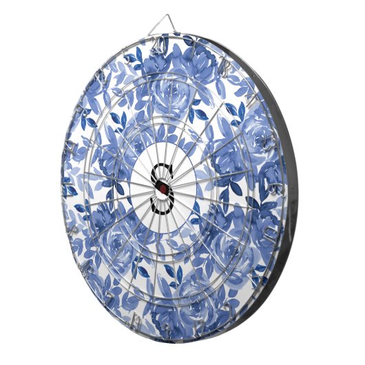 Monogram Blue Floral Botanical Pattern Dartboard Dartbord (Voorkant Rechts)