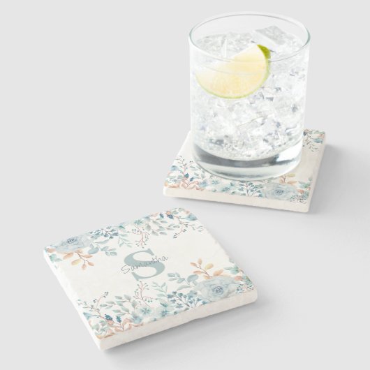 Monogram Blue Floral Botanical Stenen Onderzetter (Zijkant)