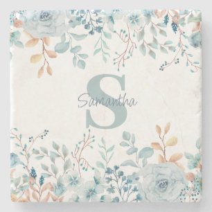 Monogram Blue Floral Botanical Stenen Onderzetter