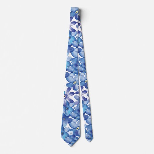 Monogram Blue Floral Botanische Stropdas (Voorkant)