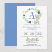 Monogram Blue Floral Greenery Baptism Boy Kaart (Voorkant / Achterkant)