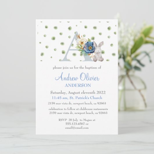 Monogram Blue Floral Greenery Baptism Boy Kaart (Staand voorkant)