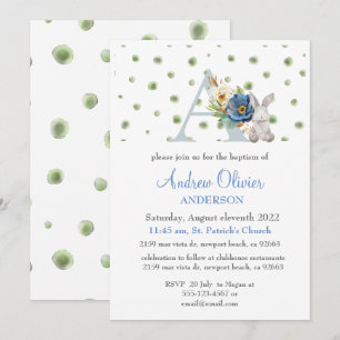 Monogram Blue Floral Greenery Baptism Boy Kaart