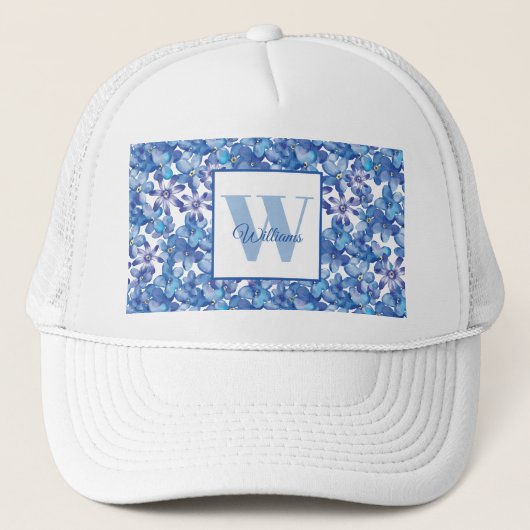Monogram Blue Floral Name Trucker Pet (Voorkant)