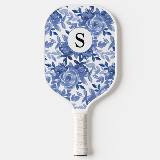 Monogram Blue Floral Pickleball Paddle (Voorkant)