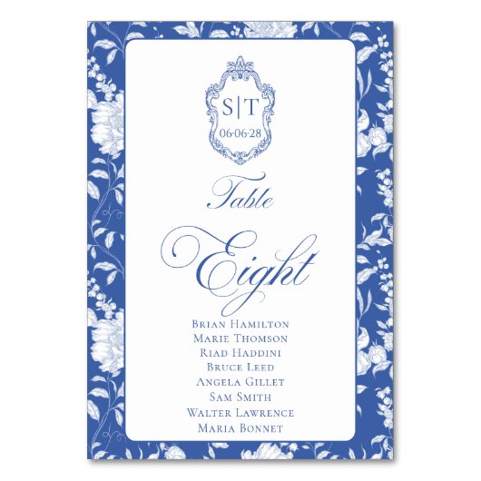 Monogram Blue Floral Script Eight 8 Names Kaart (Voorkant)