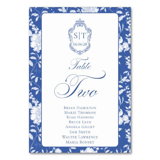 Monogram Blue Floral Script Two 8 Names Kaart (Voorkant)