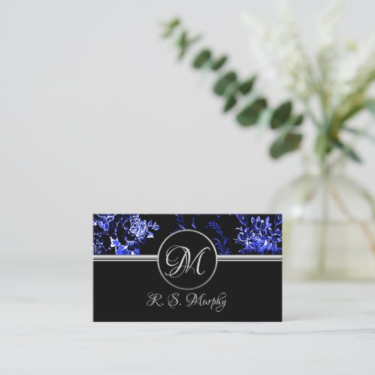 Monogram Blue Floral Visitekaartje (Staand voorkant)
