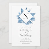 Monogram Blue Floral Waterverf Wedding Kaart (Voorkant / Achterkant)