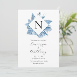 Monogram Blue Floral Waterverf Wedding Kaart