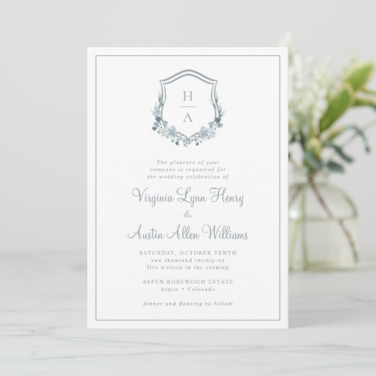 Monogram Blue Floral Wedding Kaart (Staand voorkant)