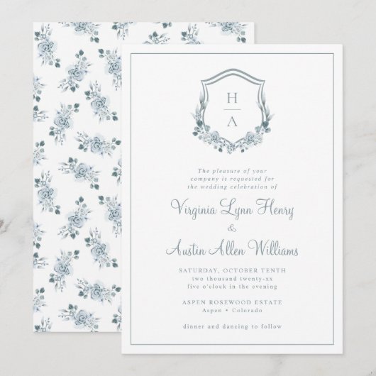 Monogram Blue Floral Wedding Kaart (Voorkant / Achterkant)
