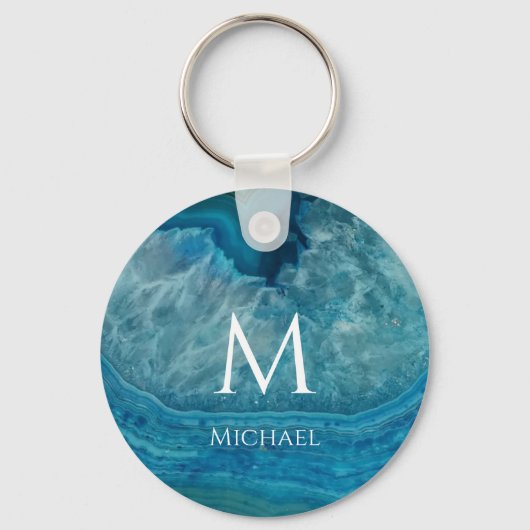 Monogram Blue Geode Initiaal & Name Modern Agate Sleutelhanger (Achterkant)