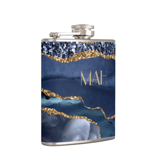 Monogram Blue Glitter Agate Marble Glam Bling Heupfles (Rechts)