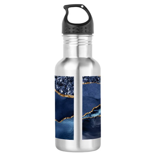 Monogram Blue Glitter Agate Marble Trendy Waterfles (Achterkant)