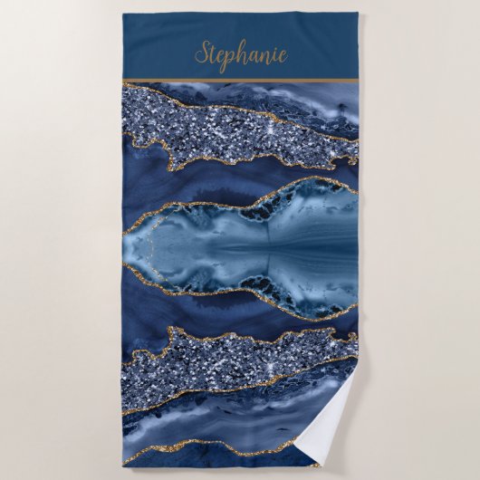Monogram Blue Glitter Agate Pattern Trendy Strandlaken (Voorkant)