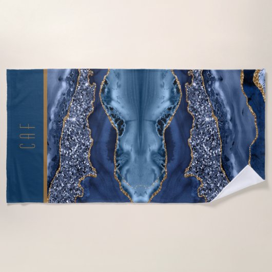 Monogram Blue Glitter Agate Pattern Trendy Strandlaken (Voorkant)