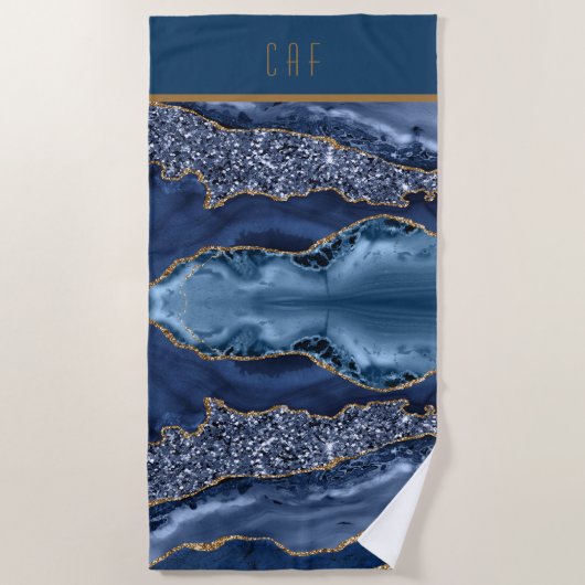 Monogram Blue Glitter Agate Pattern Trendy Strandlaken (Voorkant)