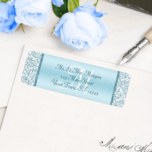 Monogram Blue Glitter Wedding Return Address Etiket