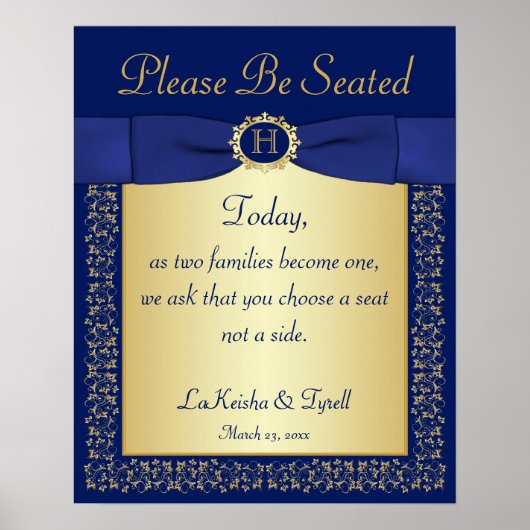 Monogram Blue, Gold Floral Wedding Sign for Church Poster (Voorkant)