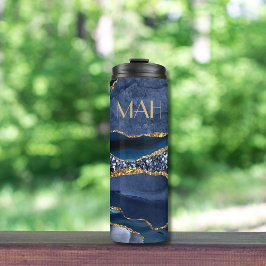 Monogram Blue Goud Glitter Agate Marmer Trendy  Thermosbeker