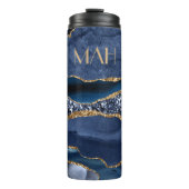 Monogram Blue Goud Glitter Agate Marmer Trendy  Thermosbeker (Voorkant)