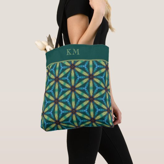 Monogram Blue Green Abstract Floral Chic Girly Tote Bag (Dichtbij)