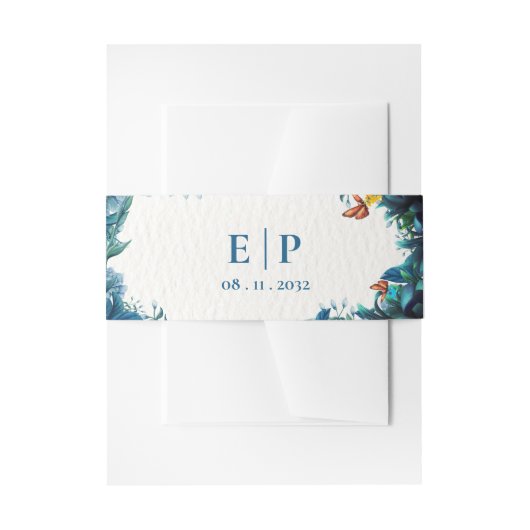 Monogram Blue Green Botanical Butterfly Wedding Uitnodigingen Wikkel (Voorkant Voorbeeld)