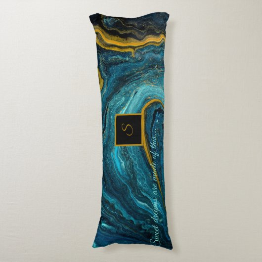 Monogram Blue Green Gold Abstracte marmer Lichaamskussen (Voorkant Verticaal)