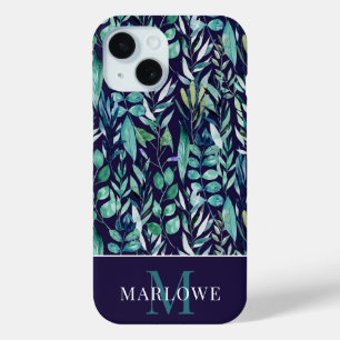 Monogram Blue Green Waterverf Botanisch Patroon iPhone 15 Case