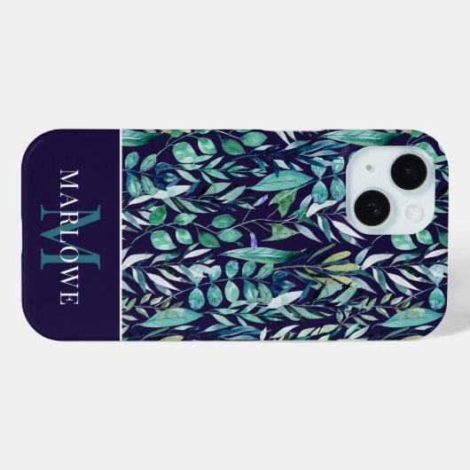 Monogram Blue Green Waterverf Botanisch Patroon Case-Mate iPhone Case (Achterkant (horizontaal))