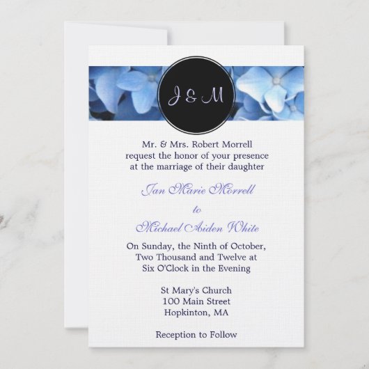 Monogram Blue Hydrangea Wedding Kaart (Voorkant)