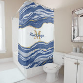 Monogram Blue Marble Agate Gold Glitter Douchegordijn (In situ)