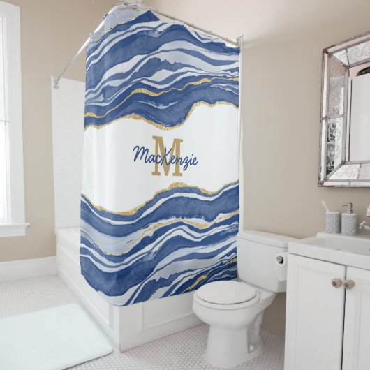 Monogram Blue Marble Agate Gold Glitter Douchegordijn (In situ)