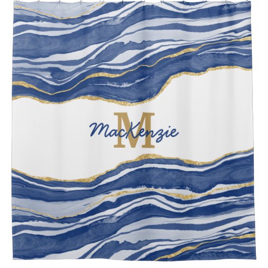 Monogram Blue Marble Agate Gold Glitter Douchegordijn (Voorkant)