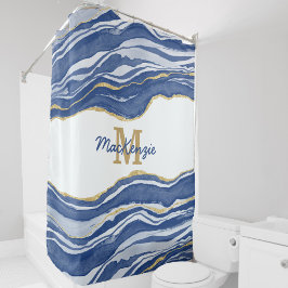 Monogram Blue Marble Agate Gold Glitter Douchegordijn