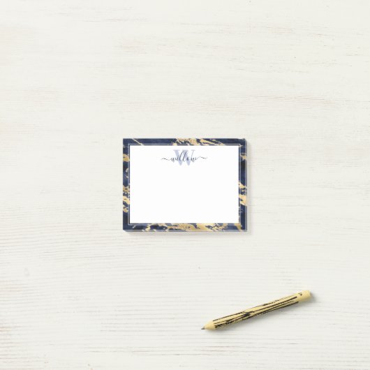 Monogram Blue Marble Gold Foil Grafisch Post-it® Notes (Op bureau)