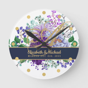 Monogram Blue Paars Floral Gold Pas getrouwd Wedde Ronde Klok
