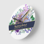 Monogram Blue Paars Floral Gold Pas getrouwd Wedde Ronde Klok (Hoek)